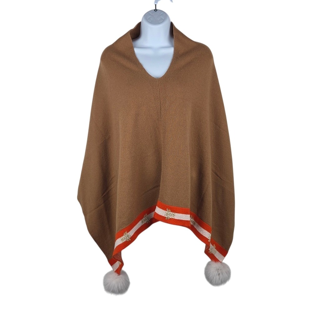 Mitchie's Matchings Wool Fur Wrap Shawl Poncho Pom Poms Quiet Luxury Old Money